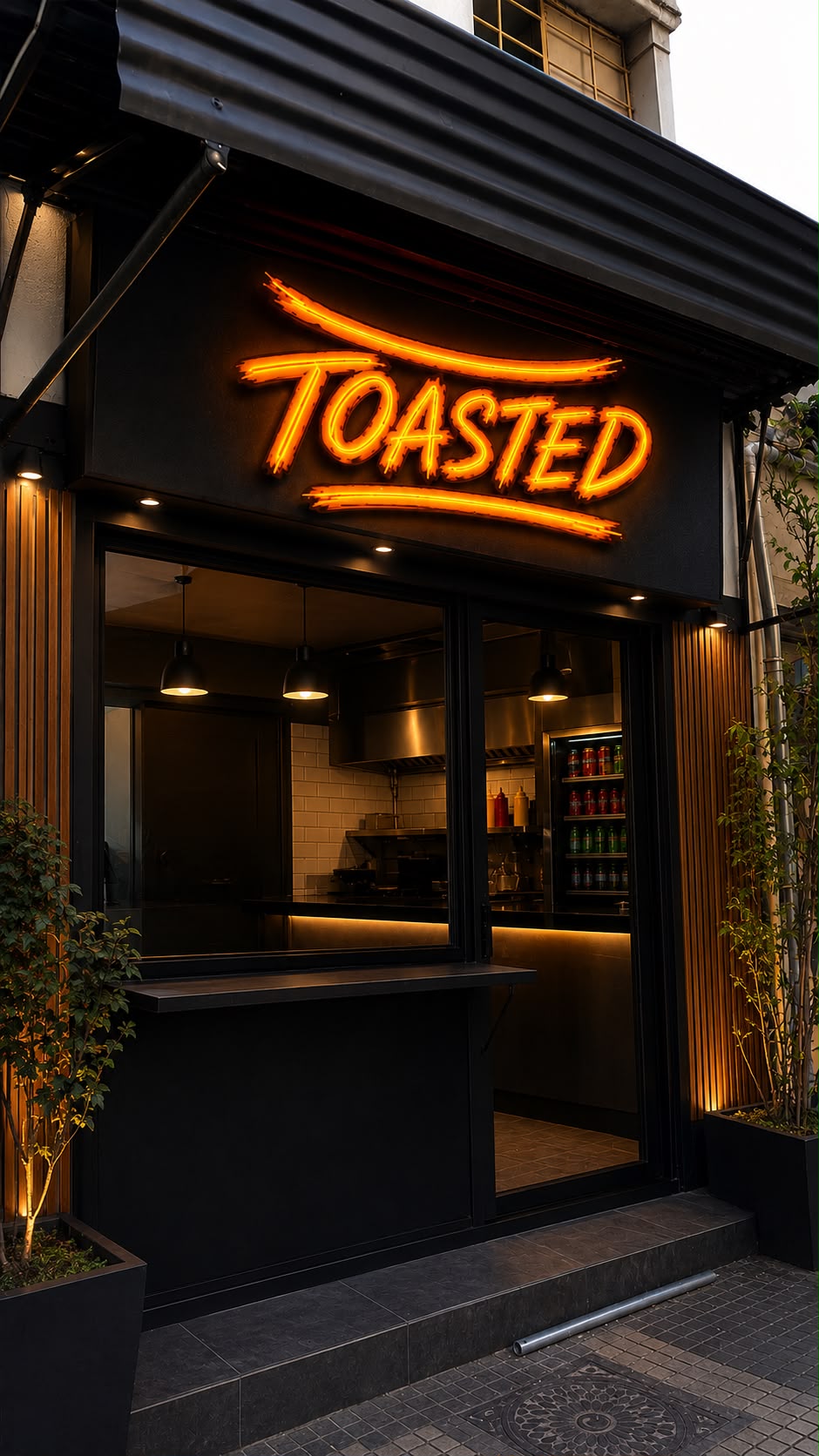 TOASTED storefront in Beirut with its orange illuminated sign and entrance
